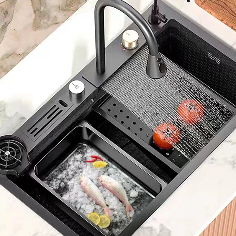Conjunto de Pia de Cozinha Estiloso em Aço Inox com Copos e Torneira Dourados – Ideal para Preparar Vegetais Frescos!