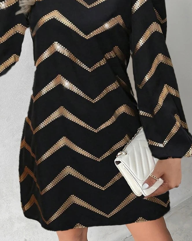 Vestido Feminino – Verão, Estampa Chevron Color Block com Efeito Bronze, Casual, Manga Longa, Moda 2025, Modelo A-Line