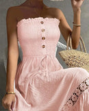 Vestido Feminino 2025 – Verão, Nova Moda, Cor Lisa, Estilo Tomara que Caia, Detalhe em Renda Frufru na Manga, Casual, Maxi Dress para Dia a Dia e Férias