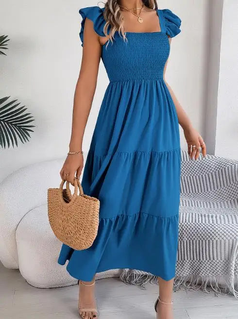 Saia Longa Feminina 2025 – Verão, Cor Lisa, Decote Quadrado, Borda Tipo Cogumelo, Cintura Ajustada, Modelo A-Line, Vestido Elegante Justo tipo Camisola