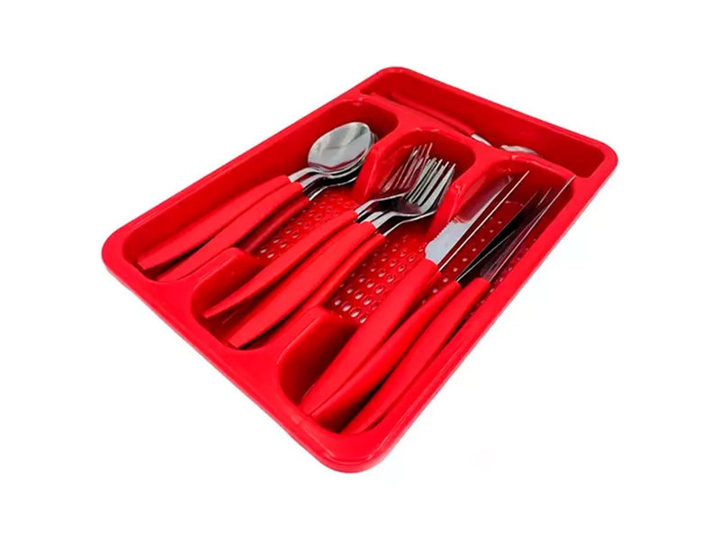 Jogo de Talheres em Aço Inox com 24 Peças e Cabo de Plástico com Organizador de Gaveta Vermelho