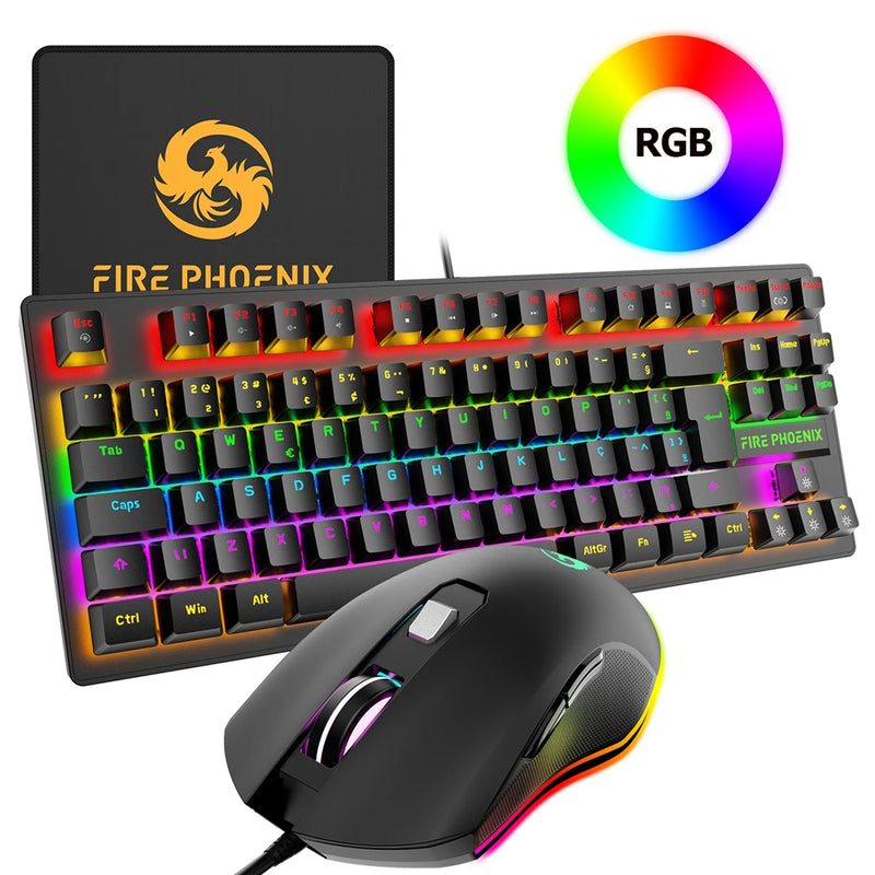 Kit teclado mecânico e mouse gamer 3200 DPI com fio ABNT2, iluminação LED RGB, switch azul, 60%, preto, Be-K1 Luuk Young