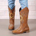 Botas ocidentais femininas bordadas de cano médio, botas fashion em couro sintético, calçado feminino