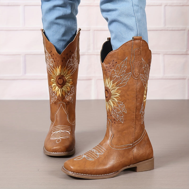Botas ocidentais femininas bordadas de cano médio, botas fashion em couro sintético, calçado feminino