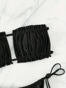 Top de Sutiã Franzido com Dupla Cordinha, Biquíni de Tira Lateral e Cintura Alta, Conjunto de Dois Peças, Moda Praia Feminina