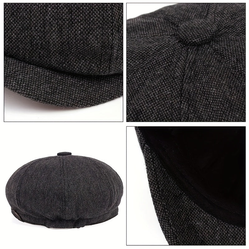 Boina retrô masculina em espinha de peixe - Boina casual preta com estilo vintage, poliéster tricotado, perfeita para o Dia dos Namorados, uso diário | Boina vintage | Textura tricotada