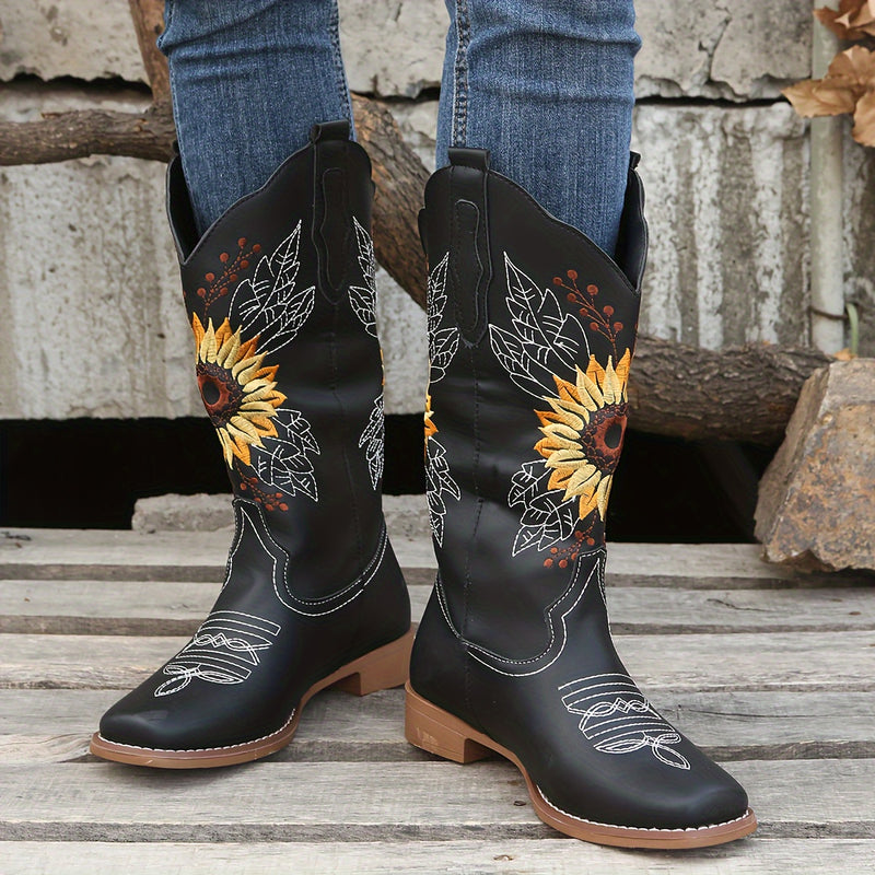 Botas ocidentais femininas bordadas de cano médio, botas fashion em couro sintético, calçado feminino