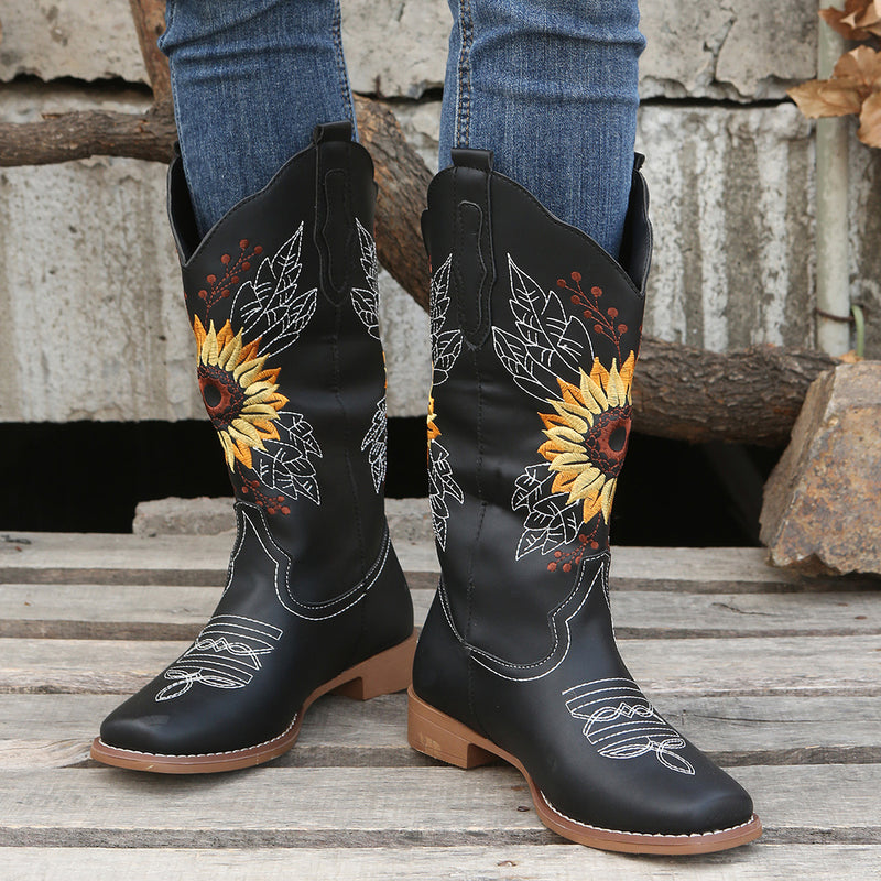 Botas ocidentais femininas bordadas de cano médio, botas fashion em couro sintético, calçado feminino