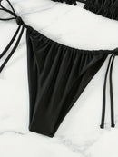 Top de Sutiã Franzido com Dupla Cordinha, Biquíni de Tira Lateral e Cintura Alta, Conjunto de Dois Peças, Moda Praia Feminina