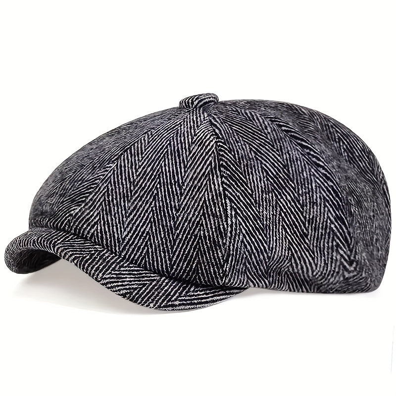 Boina retrô masculina em espinha de peixe - Boina casual preta com estilo vintage, poliéster tricotado, perfeita para o Dia dos Namorados, uso diário | Boina vintage | Textura tricotada