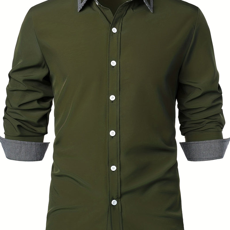 Camisa Masculina Casual de Manga Longa com Blocos de Cor e Estampa Xadrez