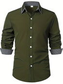 Camisa Masculina Casual de Manga Longa com Blocos de Cor e Estampa Xadrez