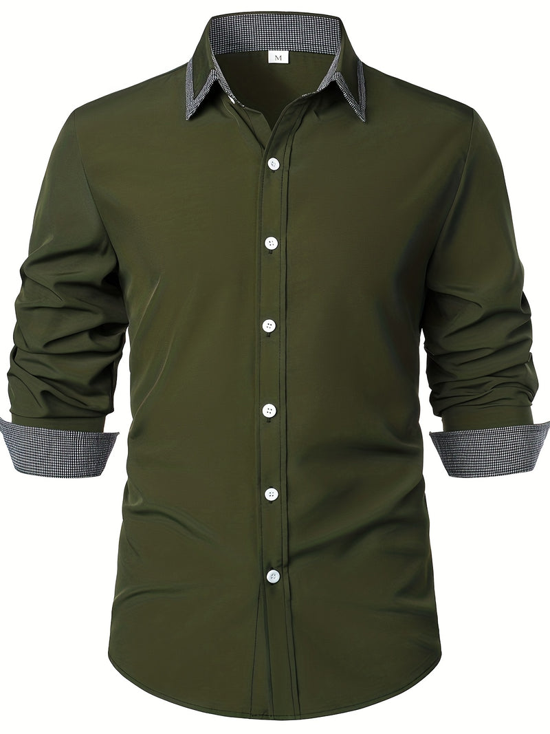 Camisa Masculina Casual de Manga Longa com Blocos de Cor e Estampa Xadrez