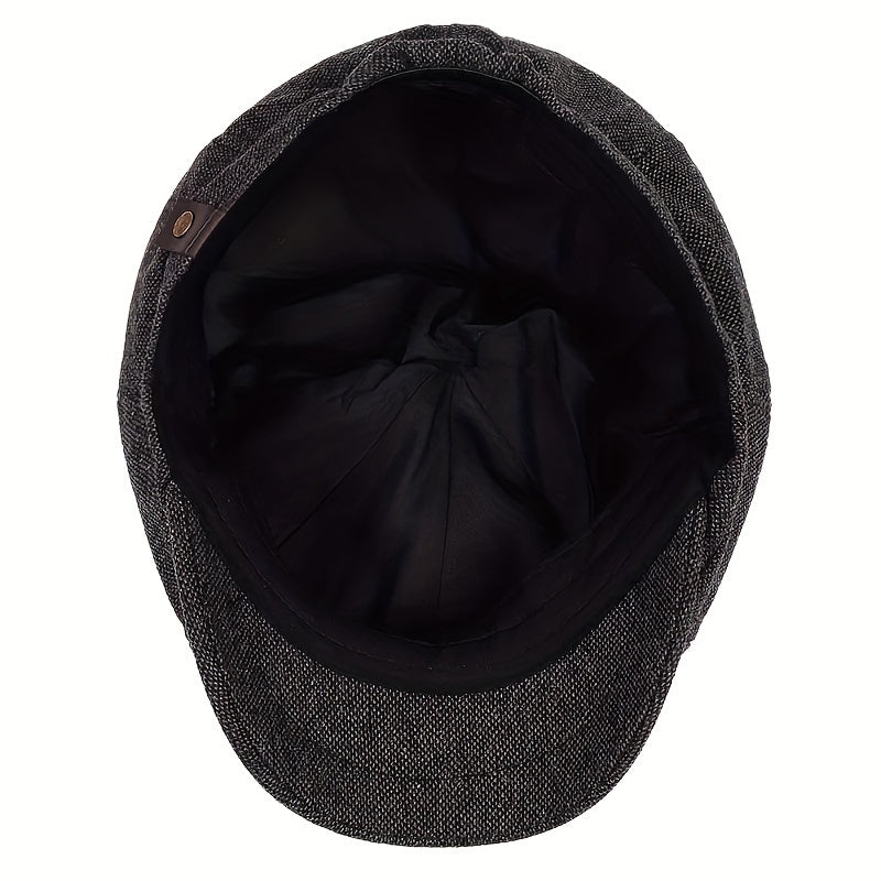 Boina retrô masculina em espinha de peixe - Boina casual preta com estilo vintage, poliéster tricotado, perfeita para o Dia dos Namorados, uso diário | Boina vintage | Textura tricotada