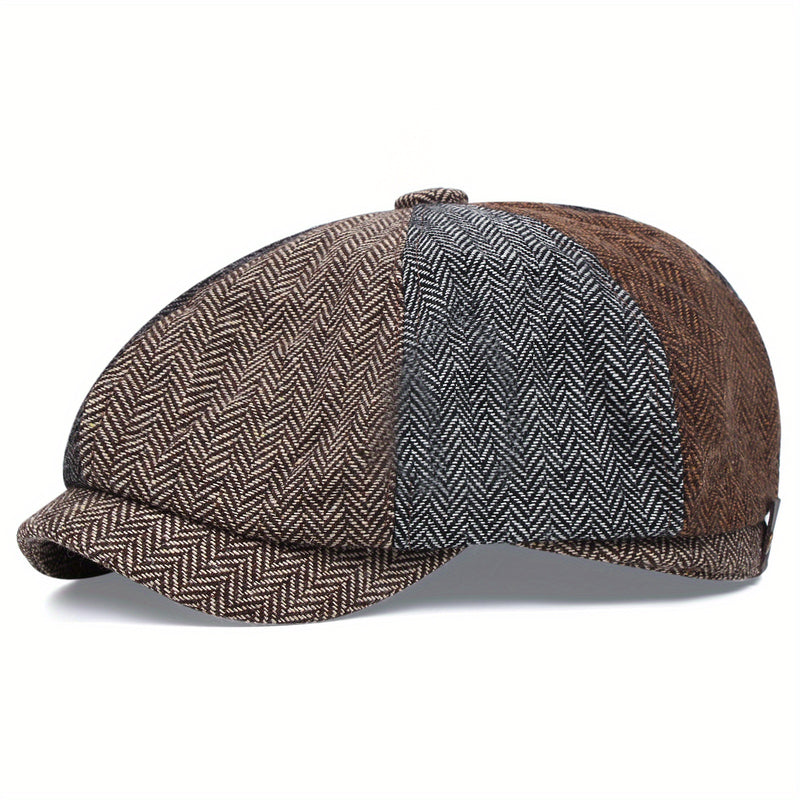 Boina retrô masculina em espinha de peixe - Boina casual preta com estilo vintage, poliéster tricotado, perfeita para o Dia dos Namorados, uso diário | Boina vintage | Textura tricotada