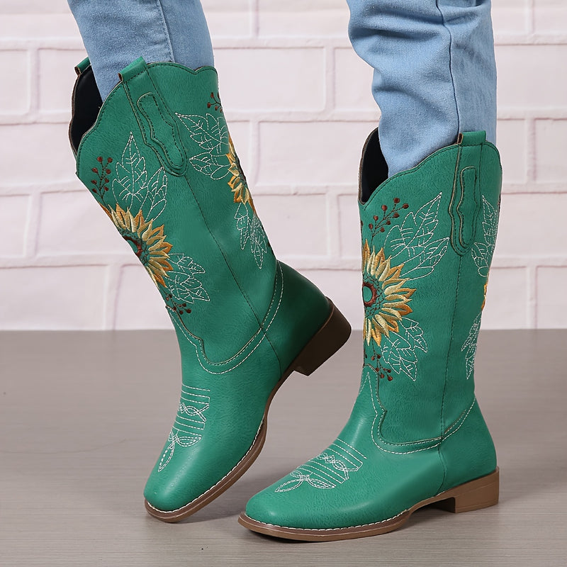 Botas ocidentais femininas bordadas de cano médio, botas fashion em couro sintético, calçado feminino