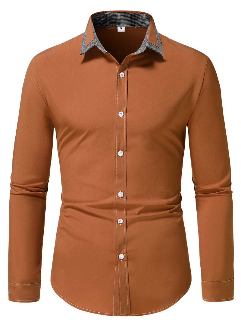 Camisa Masculina Casual de Manga Longa com Blocos de Cor e Estampa Xadrez